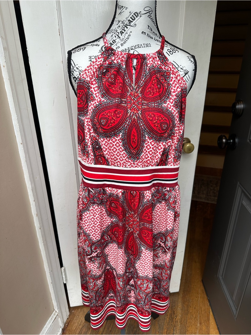 b.calm Women’s Large Red Paisley Halter Midi Dress Sleeveless Stretch Boho